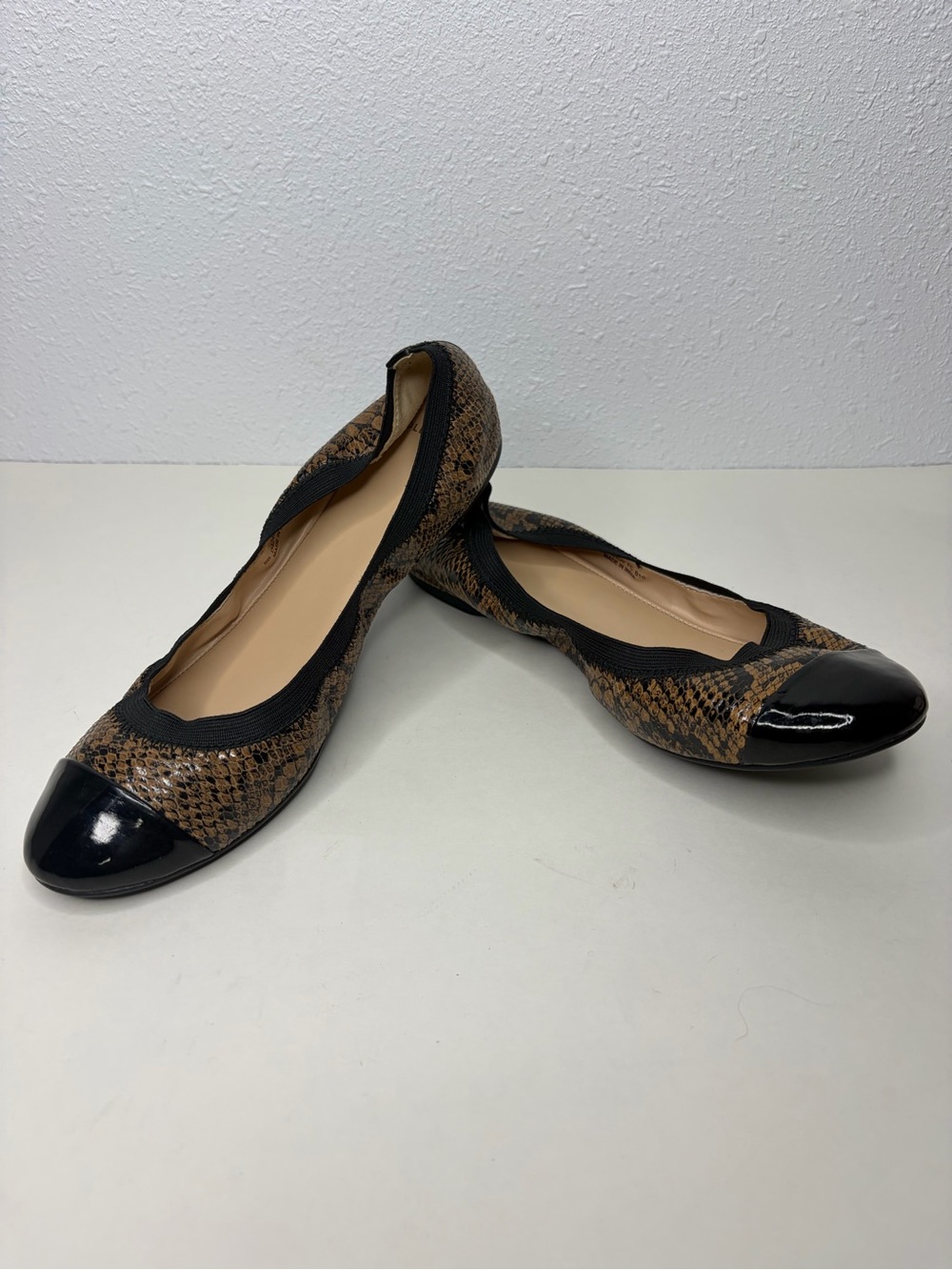 Cole Haan Snake-Print Flats with Black Patent Cap Toe size 9